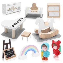 10PCS Miniature Dollhouse Babyroom Furniture Set, Wooden Mini Furniture Dollhouse Accessories with Piano, Pretend Play Furniture Toys for Kids Age 3+ Birthday