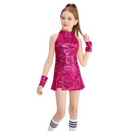 LOLANTA Girls Sequins Jazz Dance Costume Child Sparkle Mini Dress Hip Hop Dance Clothes Set Top+Pants+Socks, Fuchsia, 6-7 Years, 130