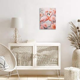 Flamingo Canvas Wall Art Tropical Animal Pictures for Kitchen Living Room Bedroom Bathroom Office Pink Flamingo Print Floral Painting Home Modern Artwork Framed Wall Art Decor 16" x 12"