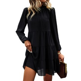 KIRUNDO Women's 2024 Fall Winter Long Sleeve Ruffle Mock Neck Tiered Mini Babydoll Dress Casual Flowy Swing Tunic Shift Dresses(Black, Medium)