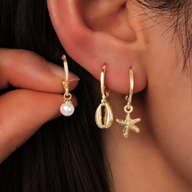 3PCS Gold Earrings Set For Women Beach Starfish Shell Pearl Dangle Earrings Set Summer Gold Dainty Drop Earring Fashion Summer Beach Jewelry Accessories (typea)