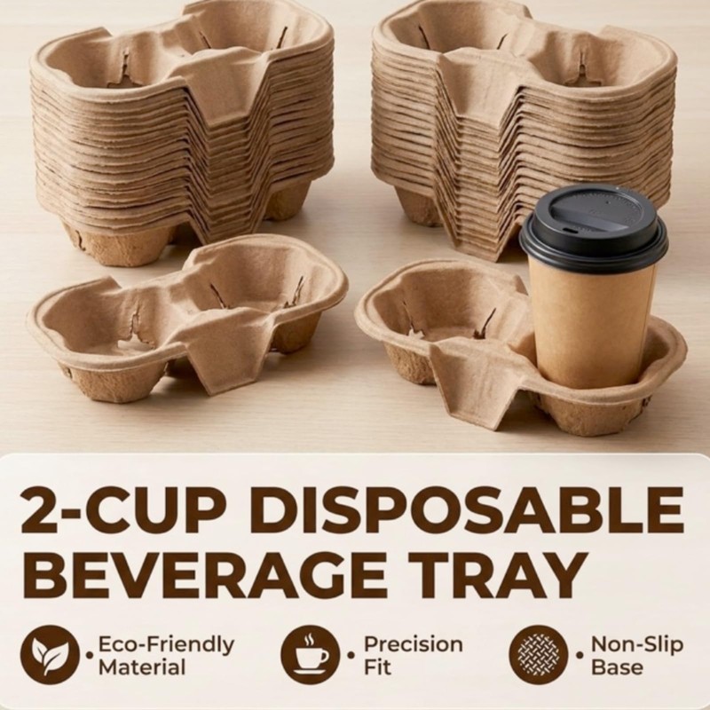 2 Cup Disposable Coffee Trays,Pulp Fiber Cup Holder Commercial Compostable