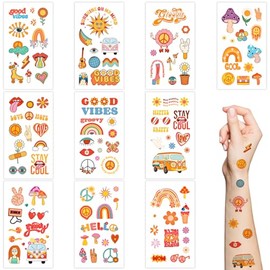 Hippie Temporary Tattoos,10 Sheets Peace and Love Daisy Flower Power Tattoo Stickers,Groovy Good Vibes Rainbow Face Tattoos for Adults and Kids Hippie Costume Birthday Party Supplies Accessories