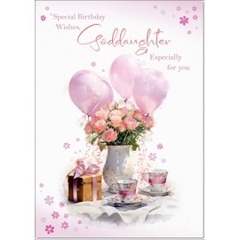 doodlecards Goddaughter Birthday Card Tea Party and Balloons Medium Size with Plain Envelope