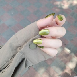 Cat Eye Press on Nails Handmade Short Oval/Square/Round False Nails with French Tip/Aurora/Magnetic Shimmer Designs (Side#Lettuce, Small)