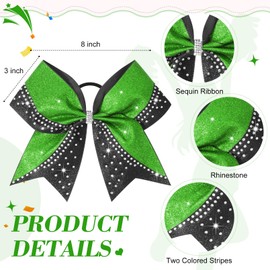 6PCS Glitter Cheer Bow Large Cheer Bows Rhinestones Hair Bows Girls 8"Cheerleading Bows Bulk Elastic Band Ponytail Holder for Teen Girls College Sports Competition Green Black