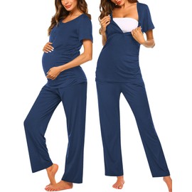 Ekouaer Women's Maternity Nursing Pajamas Set Breastfeeding Sleepwear Short Sleeve Pregnancy Top & Pants Pjs for Pregnant Dark Blue XL