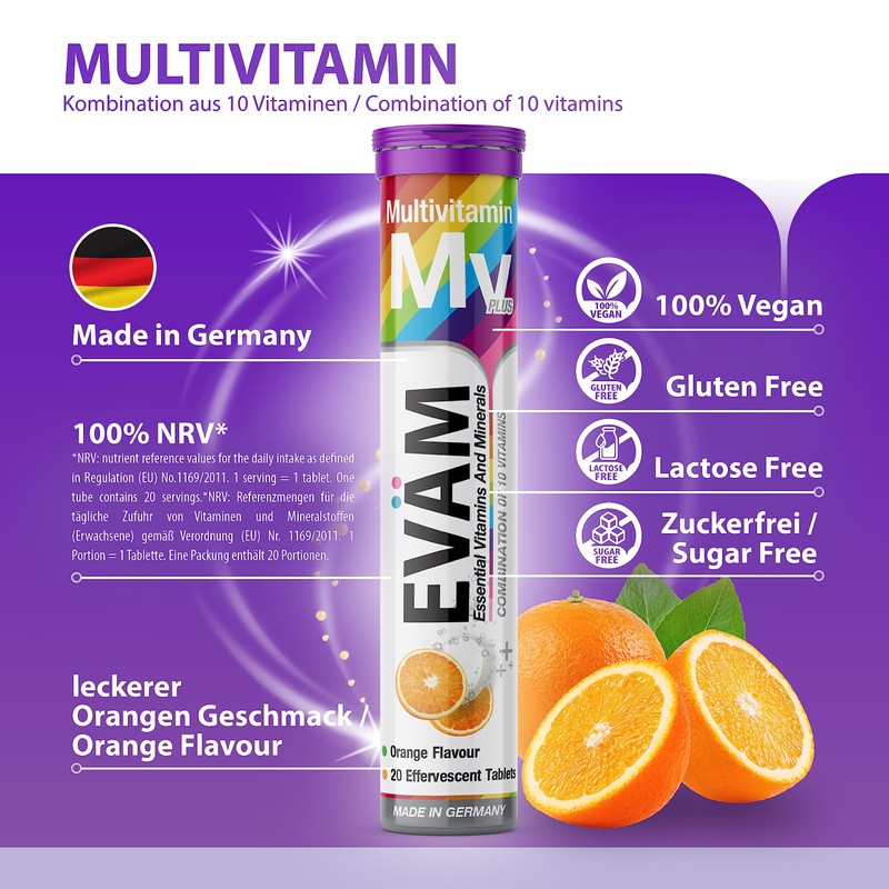 EVÄM Multivitamin Effervescent Tablets, Orange Flavour, 2 x 20 Pieces,