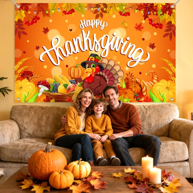 Happy Thanksgiving Banner Extra Large 72x44 Inch, Thanksgiving Backdrop for