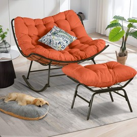 PORWEY Patio Rocking Papasan Chair, Outdoor & Indoor Egg Reading Chair, Oversized Royal Comfy Cozy Lounge Rocker Recliner with Large Cushion, Steel Frame and Ottoman for Bedroom, Living Room,Orange