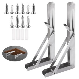 Swpeet 2 Pack 10" Folding Shelf Bracket, Heavy Duty DIY Wall Mounted Shelf Bracket Max Load 220lb, Stainless Steel Decorative L Bracket Kit Contains 16/19MM Screw, Anchors for Table Work Bench, Silver