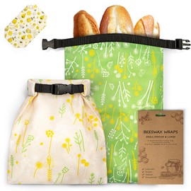 Playexen Reusable Bread Bags, 2 Packs Bread Bags for Homemade Bread with Beeswax Wraps, Sourdough Bread Storage with Zipper to Keep Bread Fresh (Beige+Green)
