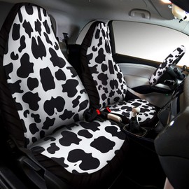 Frienda 22 Pcs Cow Print Car Accessories Set Cow Car Seat Cover Steering Wheel Cover Headrest Seat Belt Cover Console Armrest Pad Cup Mat Handbrake Gear Cover Keyring Vent Clips for Women Men(Black)