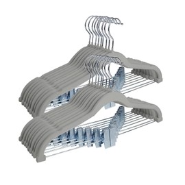 ManGotree Pants Hangers with Movable Clips, Non-Slip Velvet Skirt Hangers, Space-Saving Clothes Hangers for Pants, Skirts, Shirts, Coats, Dresses (18 Pack, Grey)
