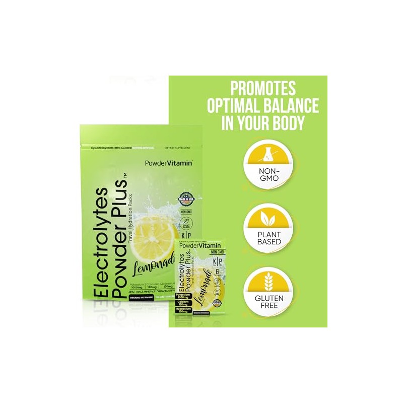 PowderVitamin Electrolytes Powder Plus, cetogénico, limonada, cero azúcar, 1000 mg