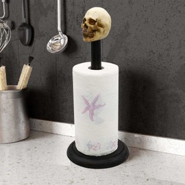 Rustic Wood Skull Paper Towel Holder Stand Up Paper Towel Holder, Easy One-Handed Tear Kitchen Paper Towel Dispenser with Weighted Base for Standard Paper Towel Rolls,Rustic Black
