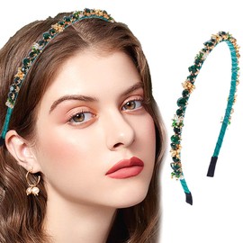 Sinalty Green Thin Rhinestone Headbands Gold Beaded Woven Hair Band Retro Crystal Hair Accessories For Women And Girls