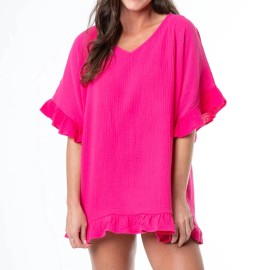 ELSIE & ZOEY DEMI ONE SIZE FUSCHIA RUFFLE COTTON SWIMSUIT COVER UP- SO CHIC!!!