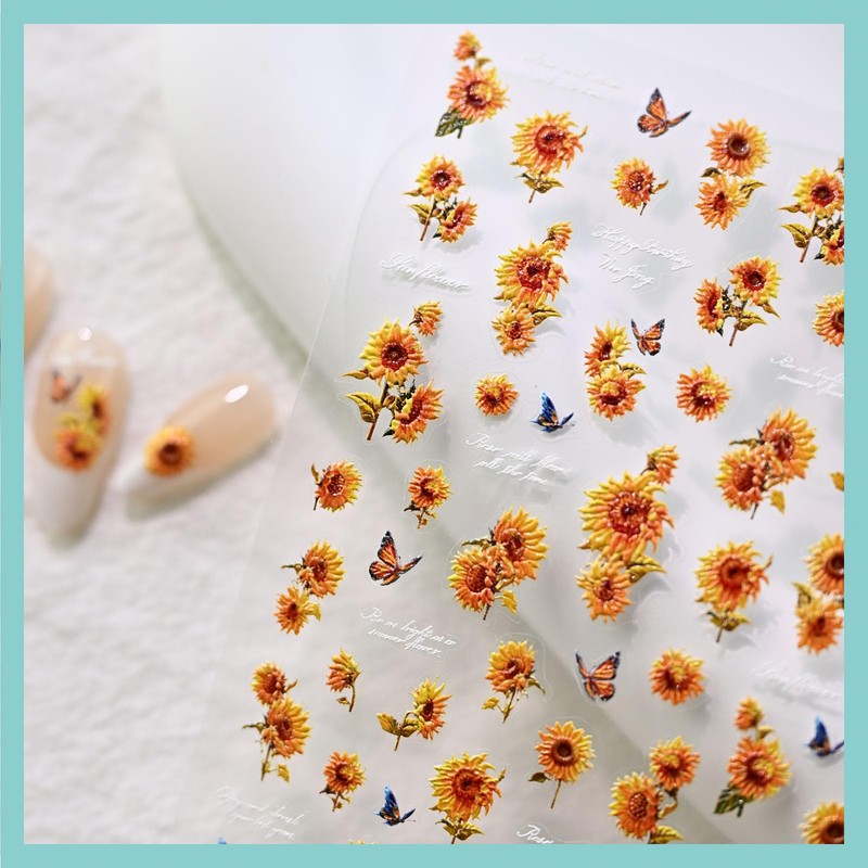 CESTSIREN Sunflower Nail Art Stickers, Embossed Floral Nail Decals, Self-Adhesive,
