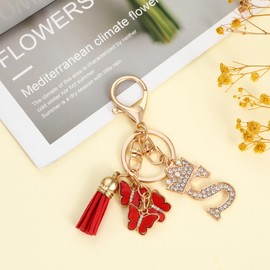MWOOT Alphabet Initial Letter Keychain, Crown Design Name Keyring with Tassel Butterfly Pendant for Women, Cute Crystal Rhinestone Keyring Charm for Door Car Key Handbag Decor(S)