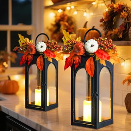 Autumn Lanterns Decorative Outdoor Lantern, Waterproof 14" Battery Decorative Lantern, Decor Metal Hanging Candle Holder LED Flameless Candle Lantern for Indoor, Patio, Porch, 2 Packs