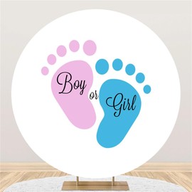Polyester Diameter 7.5ft Gender Reveal Round Backdrop Boy Or Girl Pink Blue Cartoon Little Feet Background for Photography Pregnancy Surprise Party Decor Newborn Baby Shower Photo Booth Props