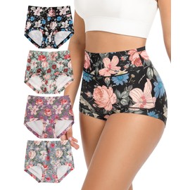 MIOTAN Women's High Waisted Underwear Ladies Postpartum Post Partum Compression Floral Panties Briefs 4 Pack (Multicolor-a, L)
