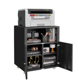 Warmiehomy Metal Printer Stand with Storage Mobile Printer Tables for Small Spaces with Door Adjustable Shelf Black File Cabinet on Wheels for Home Office (Open Shelf-Black-28.93" H)