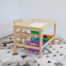 Humble Crew Toddler Wooden Table and Chair Set with 4 Storage Bins, Arts & Crafts Activity Set for Kids Ages 3–6, Natural Wood with Orange, Green & Purple Bins