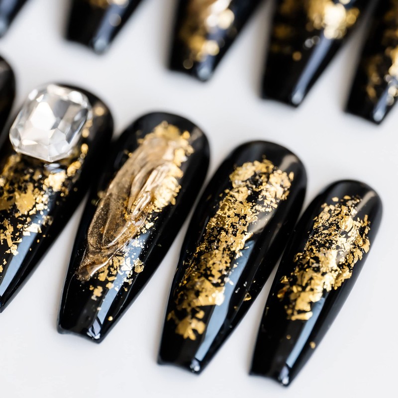 Sun&Beam Nails Handmade Nail Tip, Medium, Long, Ballerina, Black, Gold,