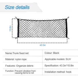 Red de carga trasera para coche, ajustable y elástica para almacenamiento, red de almacenamiento de ajuste universal para baúl de coche, vehículo, SUV (110 x 40 cm)