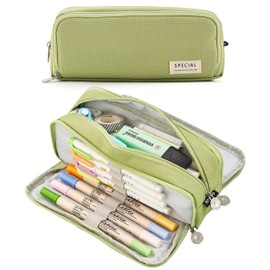 MAMUNU Pencil Case Large Capacity Pencil Pouch with 3 Compartment Stationery Storage Pen Bag for School Office Pencil Bag Comestic Makeup Bag for Women Men Girls Boys (Green)