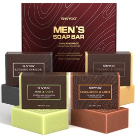 SHVYOG Mens Soap, 4 Pack Mens Bar Soap, Natural Cold Pressed Handmade Exfoliating Soap, Deep Cleansing, Moisturizing Bar Soap, Sandalwood Amber, Mint, Charcoal, Turmeric - 150G*4