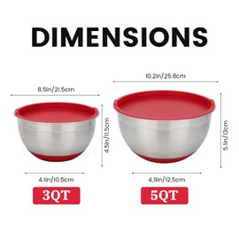 MARSKITOP Stainless Steel Mixing Bowls with Lids Set, Nesting Mixing Bowls with Airtight Lids, Measurement Marks and Red Non-Slip Bottoms, Great for Mixing and Serving, Size 5, 3, 2, 1.5QT
