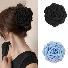 2Pcs Flower Women's Hair Claws Clip,Fashion Headwear Elegant Lady Fabric Rose Flower Hair Claw Hairpin Women Girls Accessories (Blue&Black))