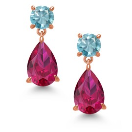 Gem Stone King 18K Rose Gold Plated Silver Red Created Ruby and Blue Zircon Teardrop Dangle Drop Earrings For Women (9.36 Cttw, Gemstone Birthstone, Pear Shape 12x8MM, Round 6MM)