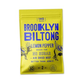 Brooklyn Biltong - Air Dried Grass Fed Beef Snack, South African Beef Jerky - Whole30 Approved, Paleo, Keto, Gluten Free, Sugar Free, Made in USA - 2 oz (Lemon Pepper)