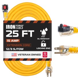 Iron Forge Cable Oil Resistant 12 Gauge Extension Cord 25 ft with Locking Ends, 12/3 SJTOW Heavy Duty Extension Cord 3 Prong with Locking Outlet, Yellow Outdoor Cable 15 Amp Great for Major Appliances