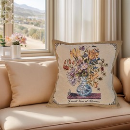 Jacquard Woven Floral Pillow Cover | Square Vintage Still Life Tapestry Cushion Case for Sofa Couch Bed Decor | European Artistic Home Accent Throw Pillow Sham 18x18(Multicolor Flowers in Blue Vase)