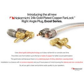 Nakamichi FanLock Excel Series 24K Gold Plated Right Angle Banana Plug, 10AWG - 18AWG, 4mm Thickness for Speaker Amplifier, Hi-Fi Home Theater Audio Cable Quick Connect, 4 Pack (2 Pairs)
