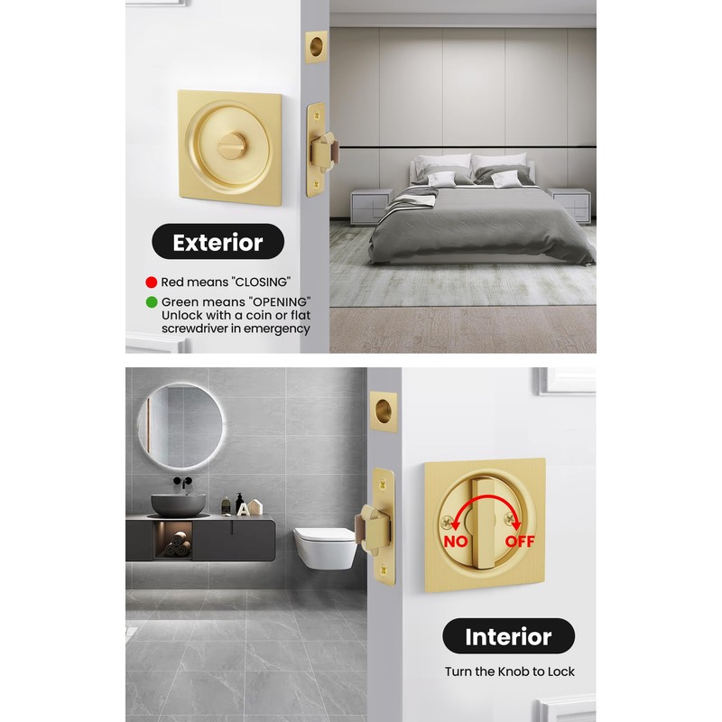 goldenwarm Brushed Gold Pocket Door Lock with Pull, Square Pocket