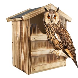 Owl House Hand Made with Bird Stand Design, Owl Nesting Box for Outside Large Handmade Wooden Rectangular Opening Owl Box Bird House with Mounting Screws and A Bag of Wood Shavings, Easy Assembly
