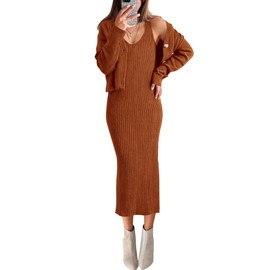 BTFBM Women Fall Knit Sweater Dress Set Bodycon Slit Midi Dresses Button Down Long Sleeve Cropped Cardigan 2 Piece Sets(Caramel, Medium)