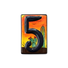 Handmade Address Number House Numbers Ceramic Tile Mexican Talavera Pottery Wall Art Indoors Outdoor Decor Garden Decor Sign (Number 5)