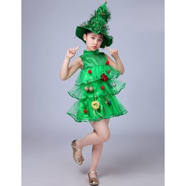 AGQT Little Girls Christmas Tree Costume Sleeveless Xmas Party Christmas Elf Green Multi-Layer Tulle Santa Claus Tutu Dress Size 10-11T