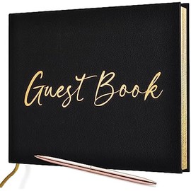 JUBTIC Black Guest Book for Funeral, Guest Sign in Book for Reception,Wedding,Baby Shower, Birthday, Bridal Shower, Graduation Party,100 Pages with Gilded Edges and Gold Foiled Cover - 7x10″