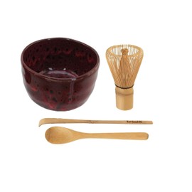BambooMN Brand - Matcha Green Tea Whisk Set - Whisk + Scoop + Tea Spoon + Deep Red w/Black Bowl
