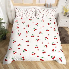 Feelyou Kids Red Cherry Duvet Cover Queen Size, Cherry Pattern Bedding Set Boys Girls Cute Fruit Comforter Cover Kawaii Cartoon Fruit Teens Bedspread Cover Room Decor Quilt Cover(No Comforter)