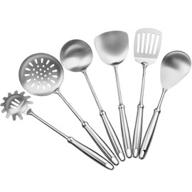 304 Stainless Steel Cooking Utensils Set,6 PCS Metal Cooking Utensils Set,Large Spoon,Spaghetti Spoon,Wok Spatula,Skimmer,Soup Ladle etc(Dishwasher Safe)