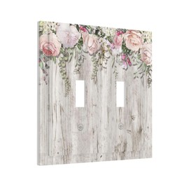 Wpshijia Pink Roses Flower Floral On Rutic Grey White Wood 2 Gang Light Switch Plate Cover Double Toggle Wall Plate Decorative Switchplate Electrical Faceplate for Farmhouse Cabin Bedroom Decor